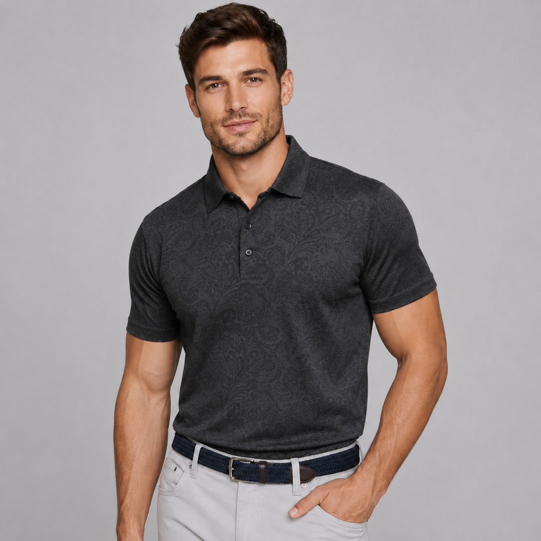 Charcoal Jacquard Short Sleeve Polo - Town Hill