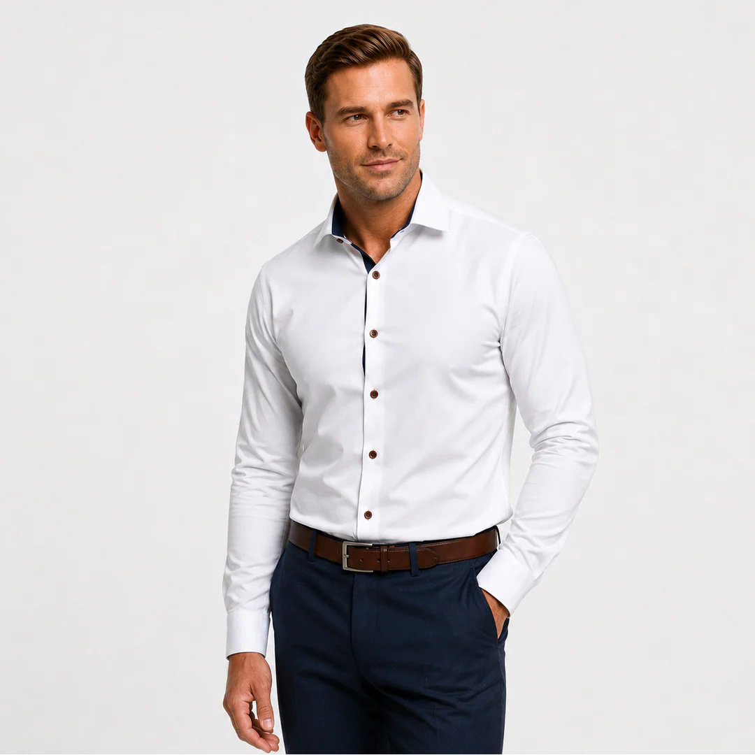 White with Navy Accents Long Sleeve Classic Fits - Town Hill