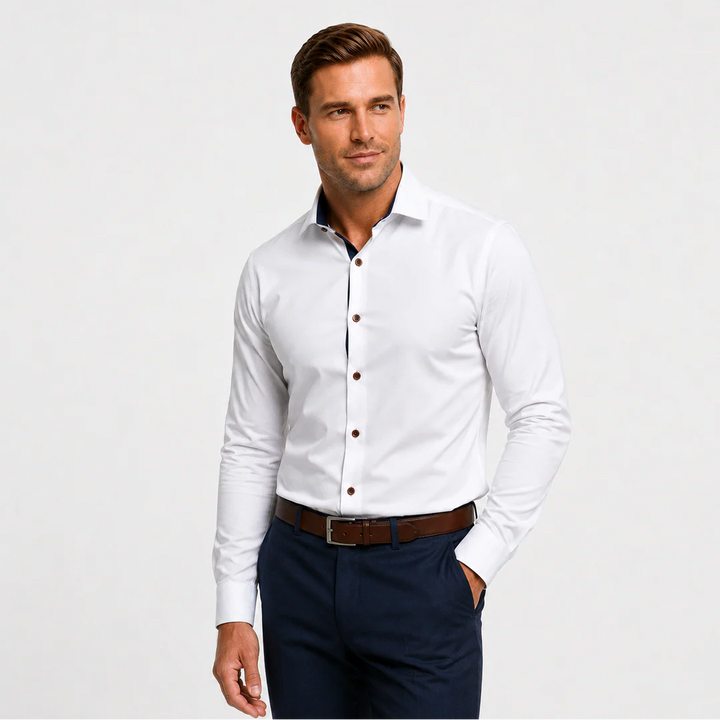 White with Navy Accents Long Sleeve Classic Fits - Town Hill