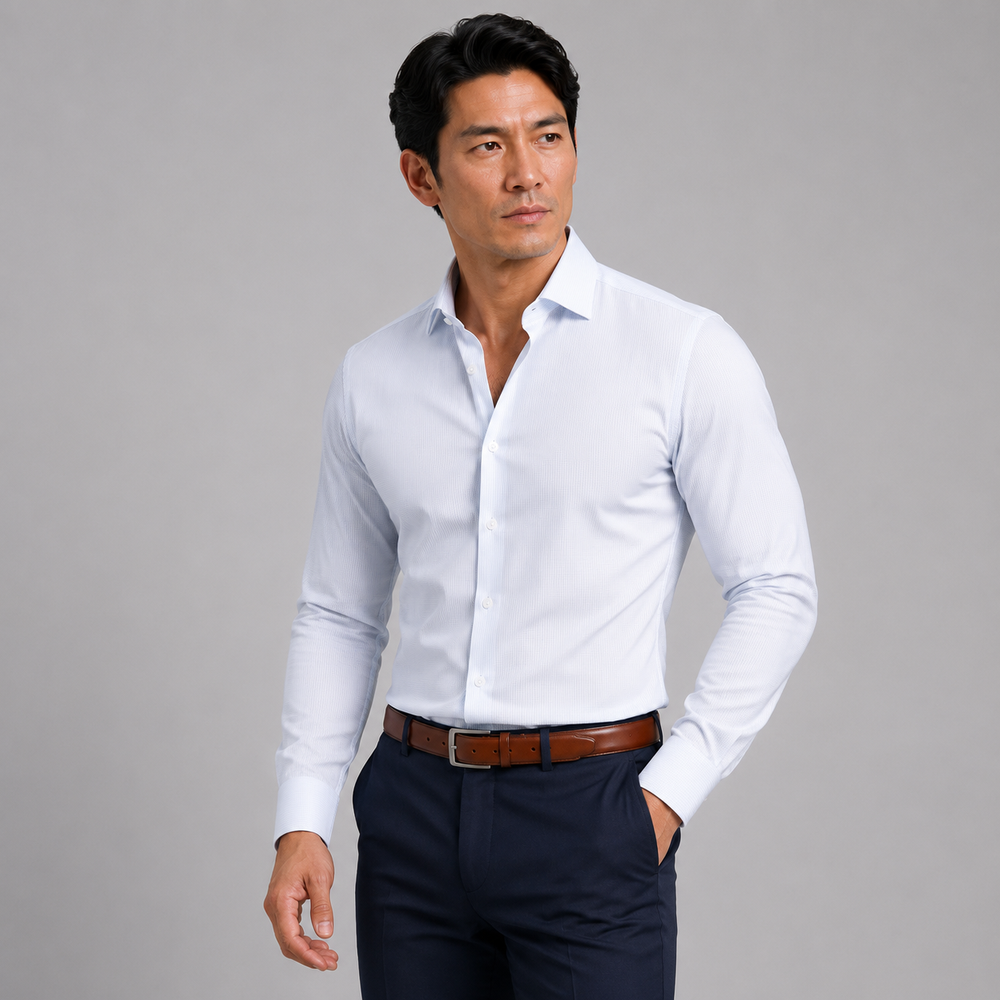White & Light Blue Mini Windowpane Long Sleeve Dress Shirt - Town Hill