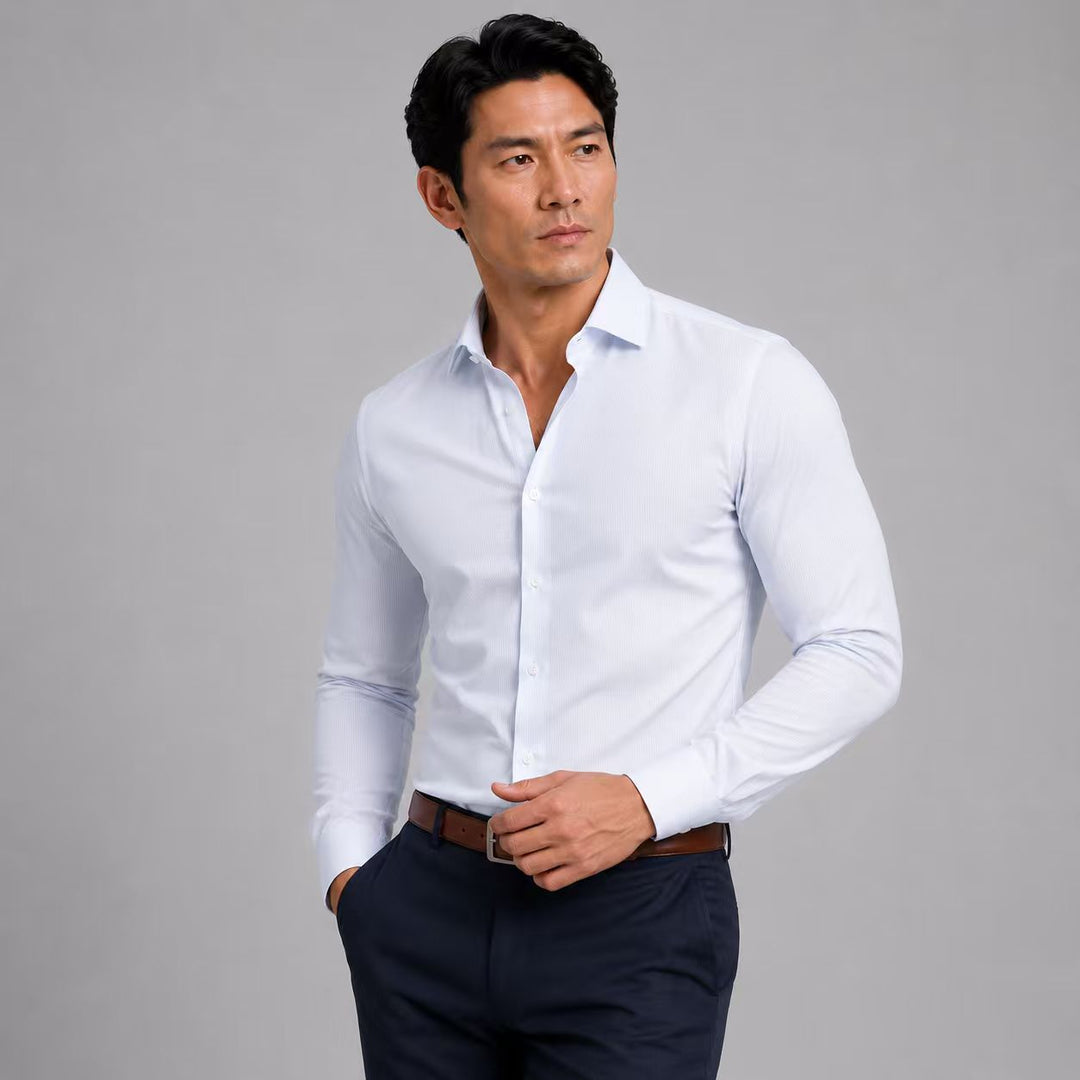 White & Light Blue Mini Windowpane Long Sleeve Dress Shirt - Town Hill