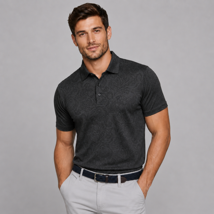Charcoal Jacquard Short Sleeve Polo - Town Hill