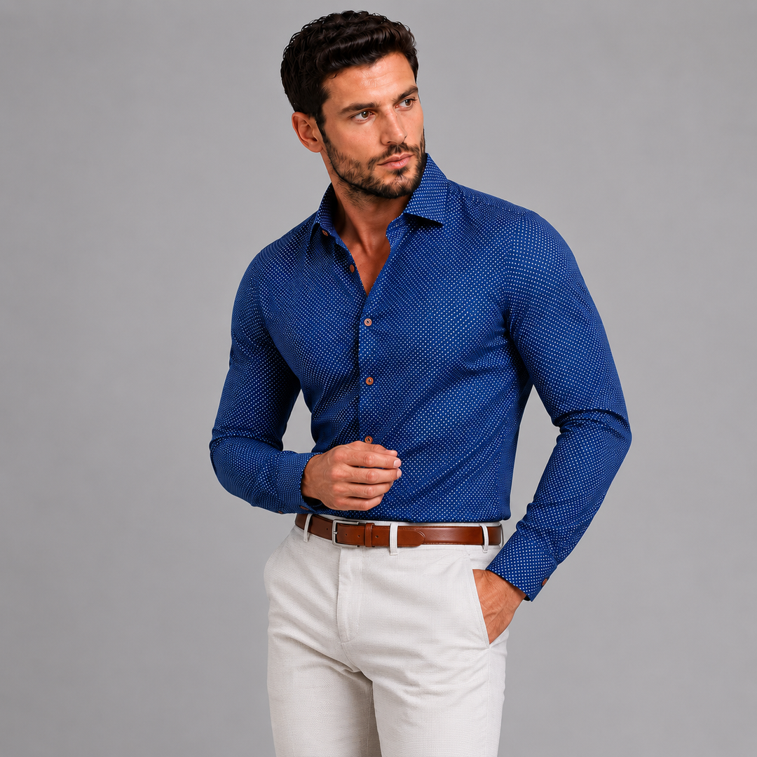 Navy with White Polka Dots Long Sleeve Dress Shirt - Town Hill