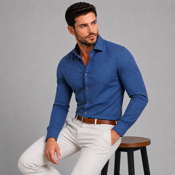 Navy with White Polka Dots Long Sleeve Dress Shirt - Town Hill
