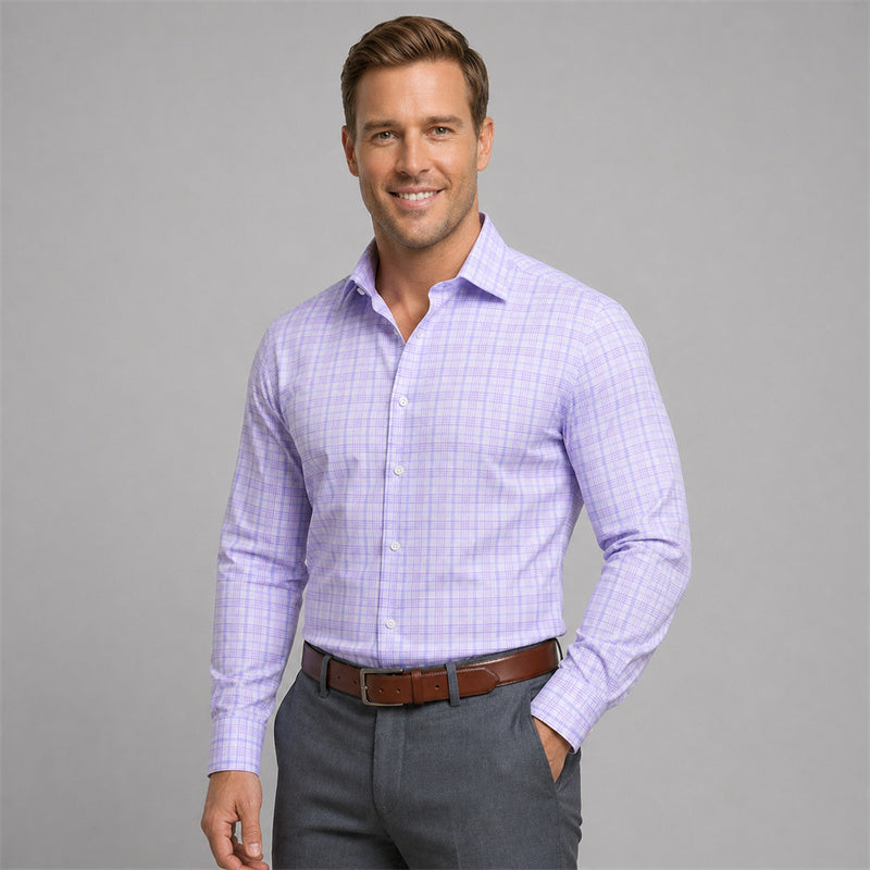 4-way stretch Purple and Blue Plaid Long Sleeve Dress Shirt