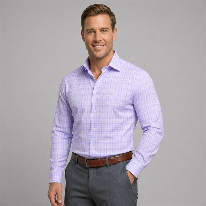4-way stretch Purple and Blue Plaid Long Sleeve Dress Shirt