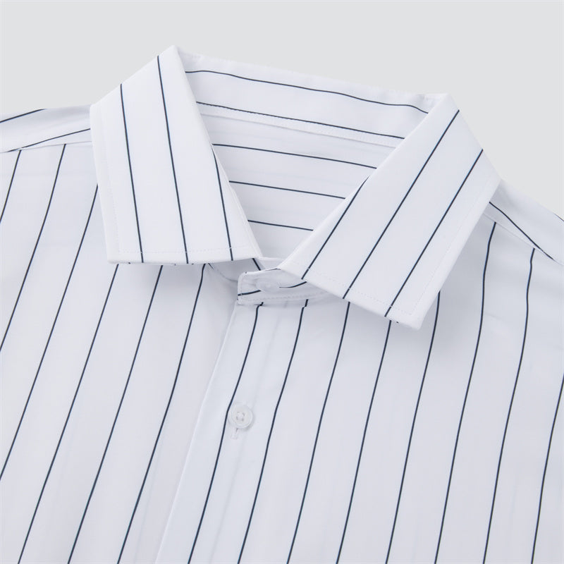4-way stretch Wide Navy Stripe  Long-Sleeve Dress Shirt