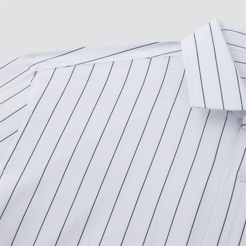4-way stretch Wide Navy Stripe  Long-Sleeve Dress Shirt