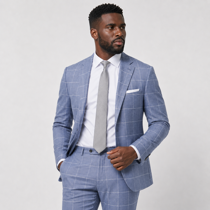 Athletic Fit Stretch Blazer – Texture Light Blue with White Windowpane printed