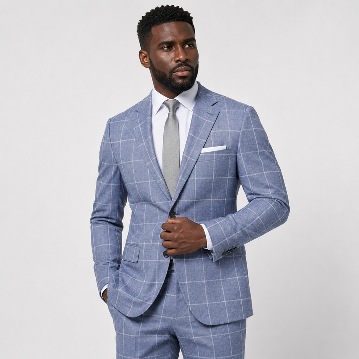 Athletic Fit Stretch Blazer – Texture Light Blue with White Windowpane printed