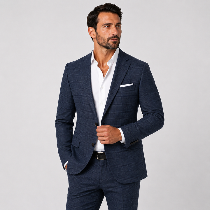 Athletic Fit Stretch Blazer – Midnight Navy Plaid Printed - Town Hill