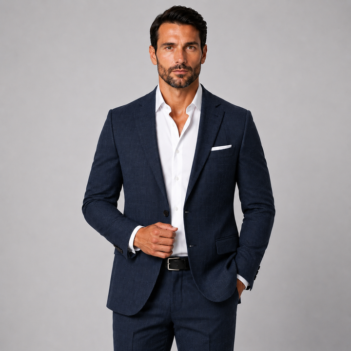 Athletic Fit Stretch Blazer – Midnight Navy Plaid Printed - Town Hill