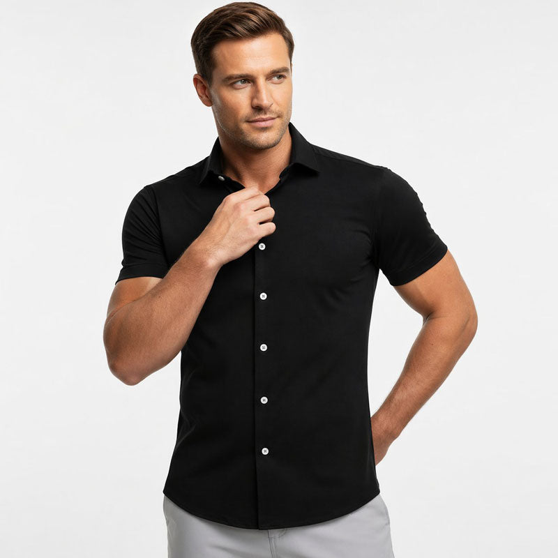 Black Cotton/Spendex Button Down Short Sleeves Casual Shirt-Black