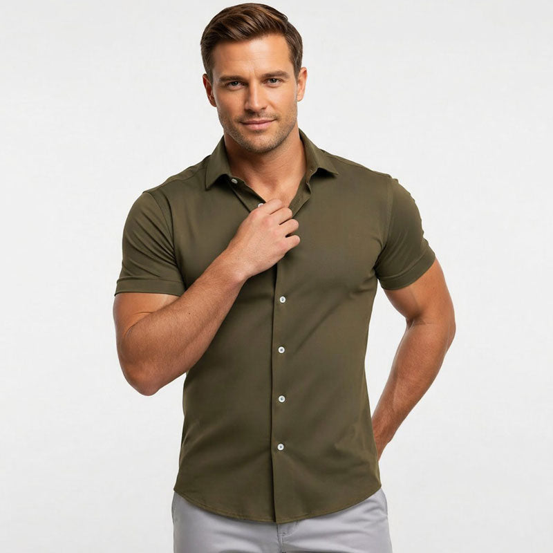 Cotton/Spendex Button Down Short Sleeves Casual Shirt-Olive