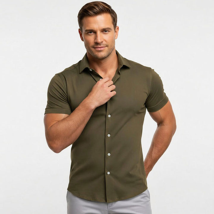 Cotton/Spendex Button Down Short Sleeves Casual Shirt-Olive