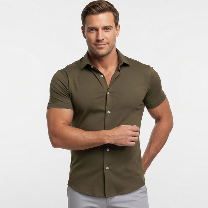 Cotton/Spendex Button Down Short Sleeves Casual Shirt-Olive
