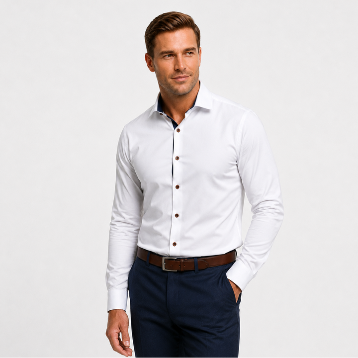 White with Navy Accents Long-Sleeve Dress Shirt