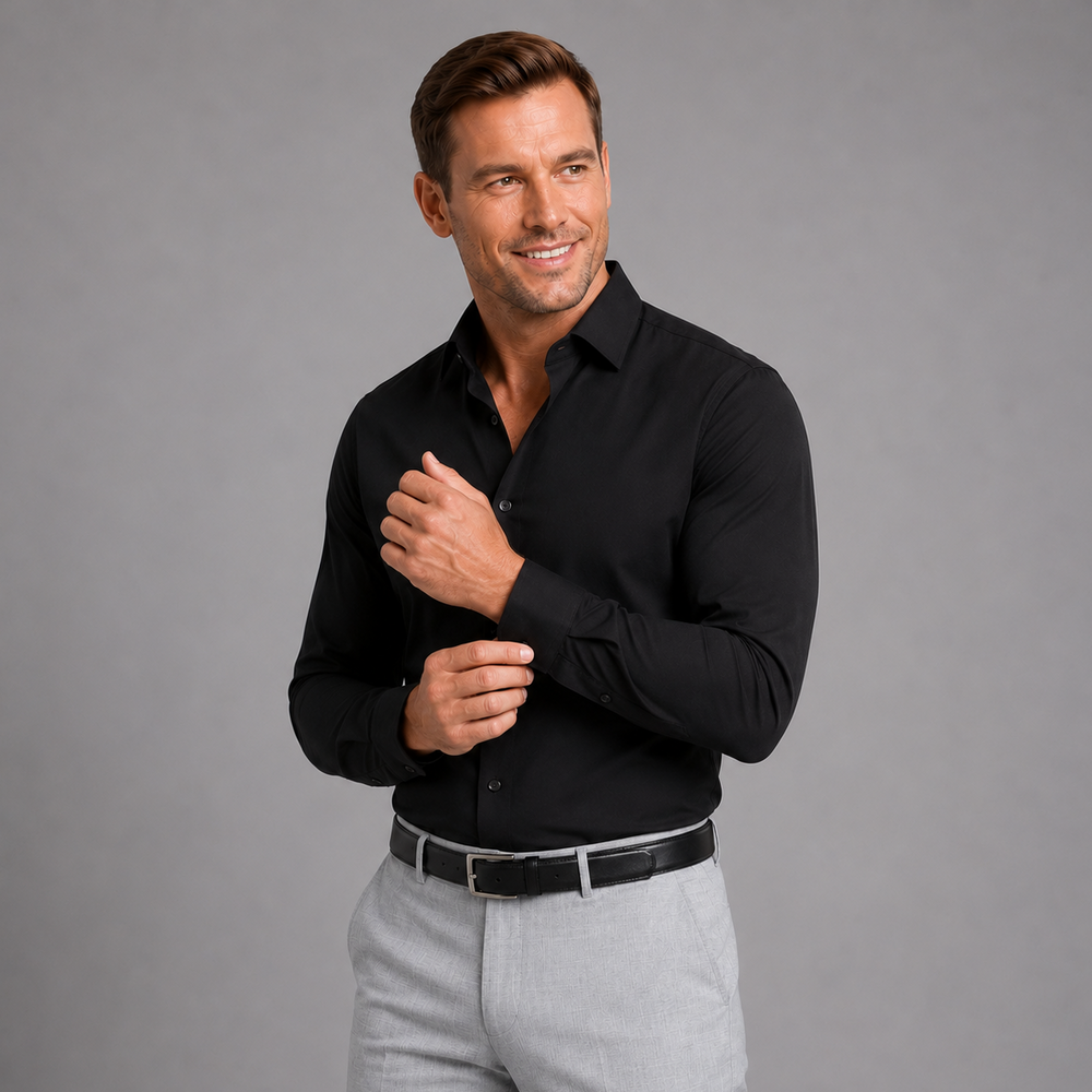 Solid Black Long Sleeve Dress Shirt - Town Hill