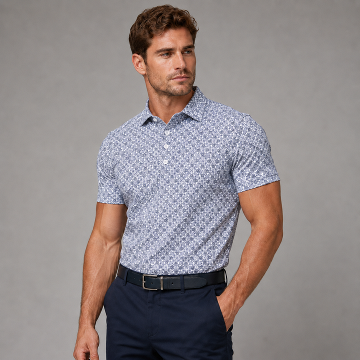 Navy &amp; White Jacquard Short Sleeve Polo