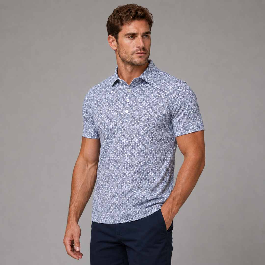 Navy &amp; White Jacquard Short Sleeve Polo