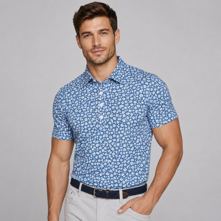 White &amp; Light Blue Floral Short Sleeve Polo