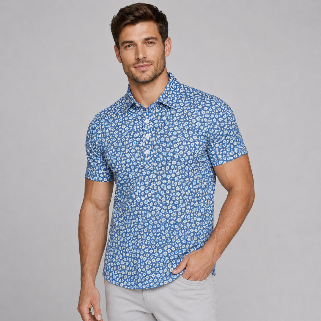 White &amp; Light Blue Floral Short Sleeve Polo