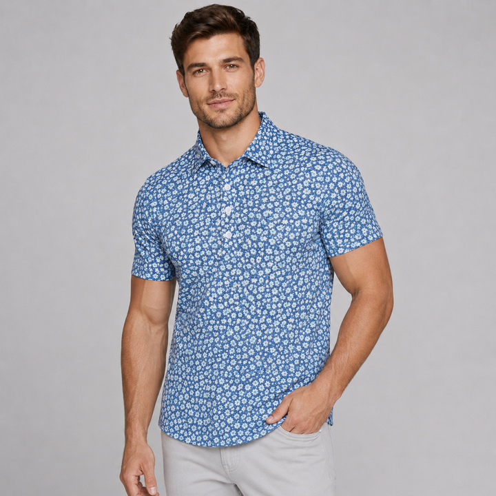White &amp; Light Blue Floral Short Sleeve Polo