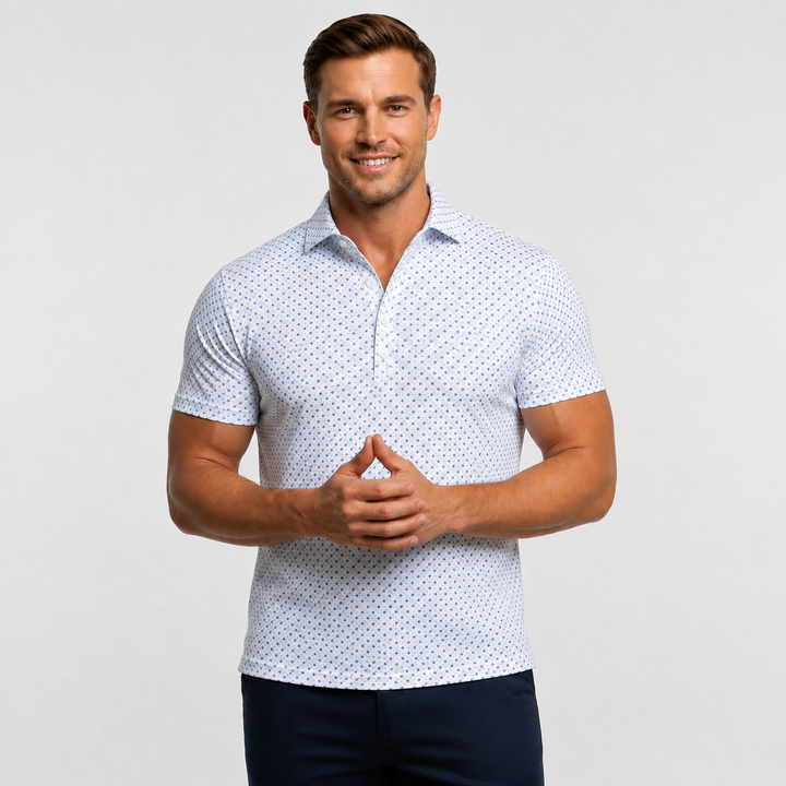 Geo Double Royal Blue &amp; White Square Short Sleeve Polo