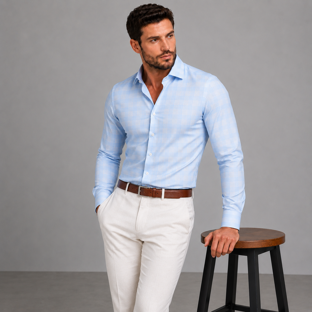 Light Blue &amp; White Plaid Long Sleeve Dress Shirt - Town Hill