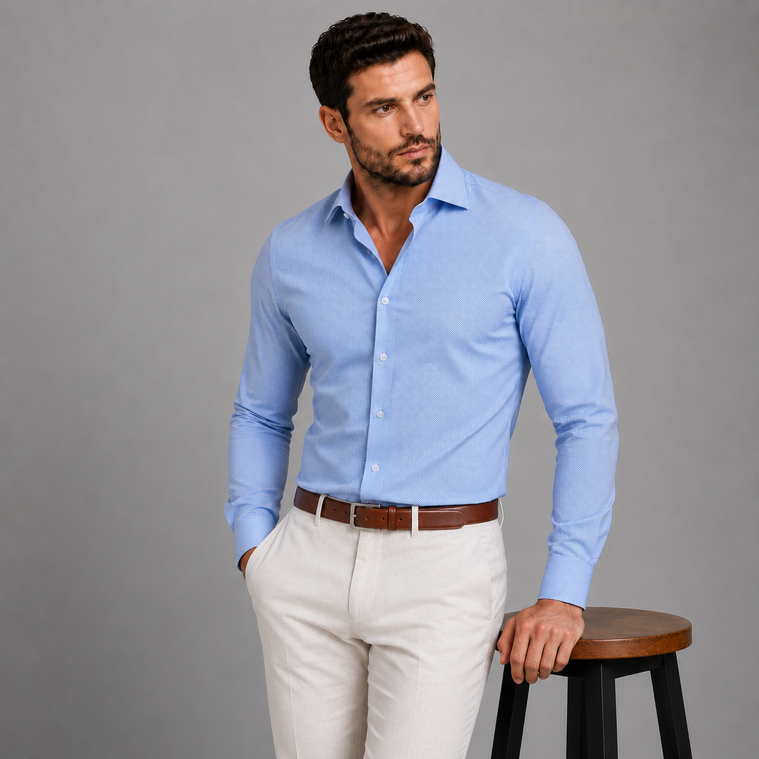 Blue &amp; White Mini Pattern Long Sleeve Dress shirt - Town Hill