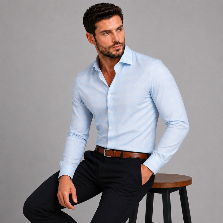 Light Blue &amp; White Plaid Long Sleeve Dress Shirt - Town Hill