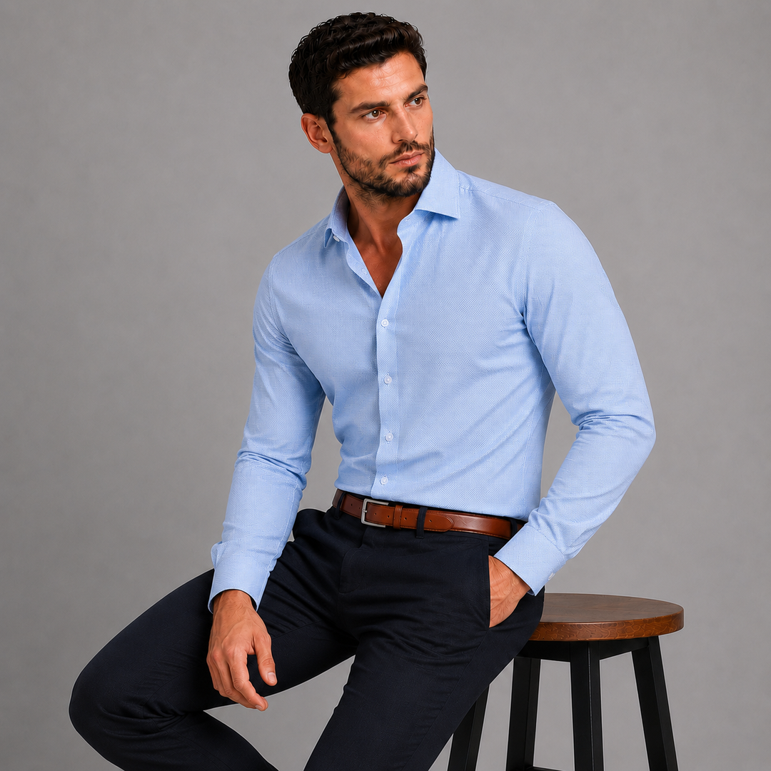 Blue & White Mini Pattern Long Sleeve Dress shirt - Town Hill