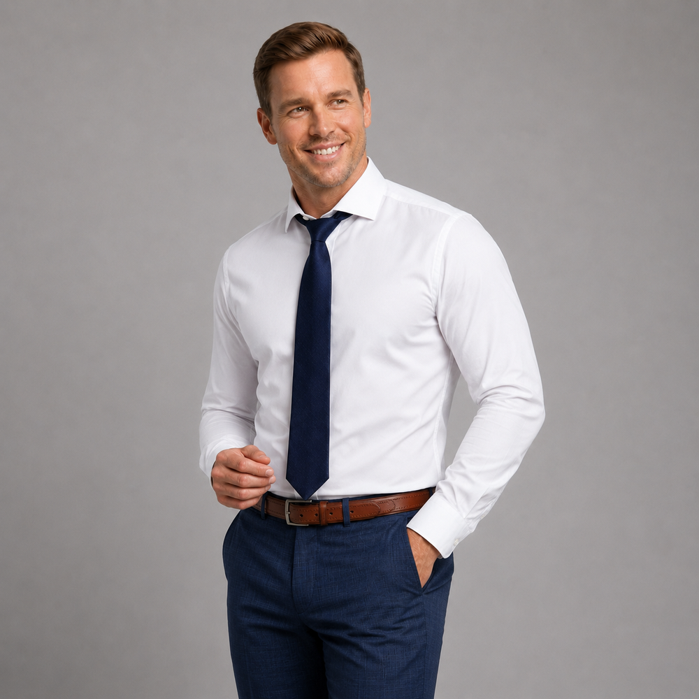Solid White With Spread Collar Long Sleeve Dress Shirt - Town Hill