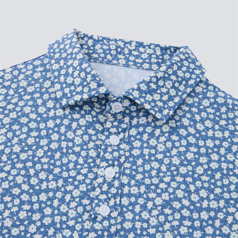 White &amp; Light Blue Floral Short Sleeve Polo