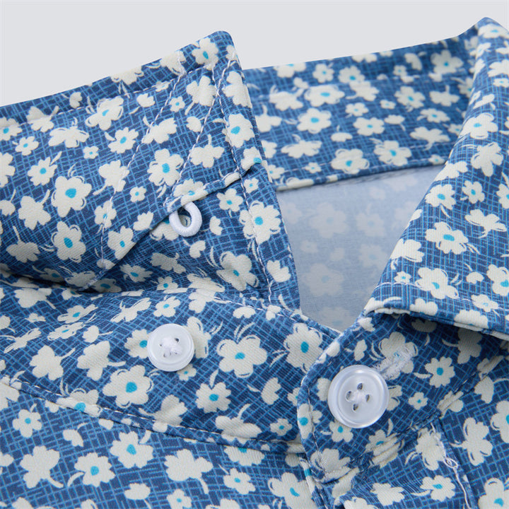 White &amp; Light Blue Floral Short Sleeve Polo
