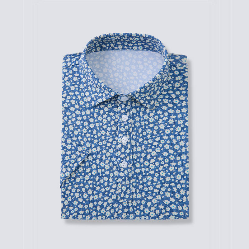 White &amp; Light Blue Floral Short Sleeve Polo