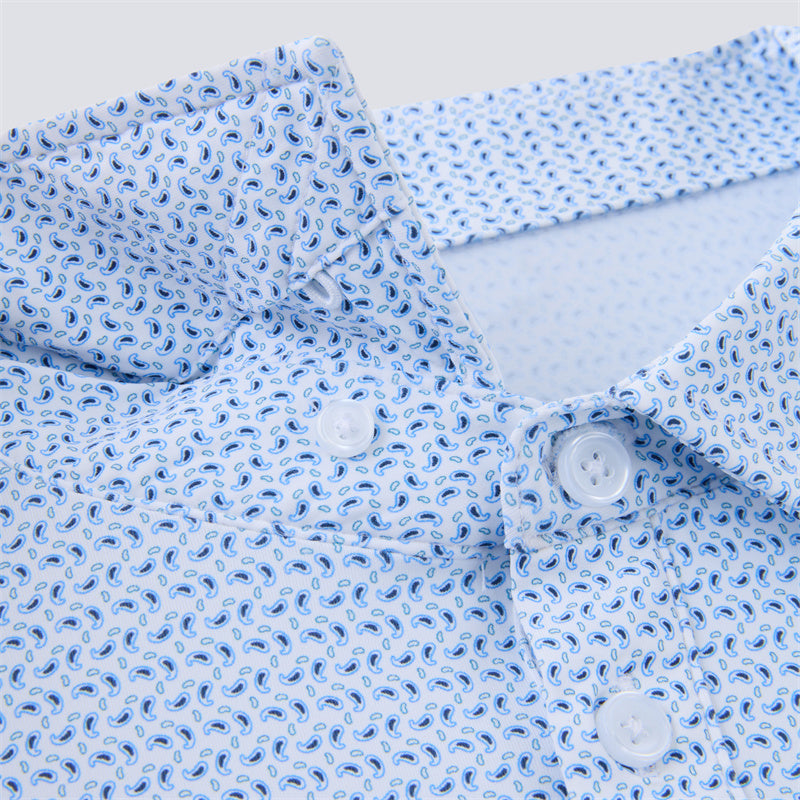 White and Blue Paisley Short Sleeve Polo